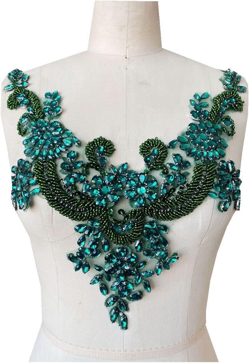 wtbvn Handmade Rhinestones lace Applique handsewing Beads Trim Patches Neckline for Dress Clothes Accessory (Green) - Image 1